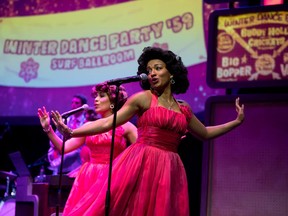 Nayeli Abrego, left, and Celeste Catena are the backup singers in Buddy -- The Buddy Holly Story playing at the Mayfield Dinner Theatre through Jan. 23.