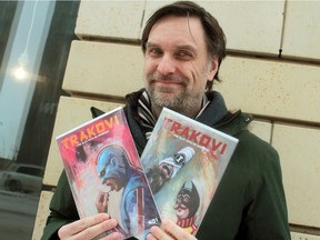 Edmonton artist Adriean Koleric with the first two issues of his comic Trakovi: The Slav with No Remorse.