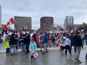 Protesters gather in the square outside the federal building near the Alberta Legislature as part of truck-led protests against vaccine mandates that took place around the country on Saturday, January 29, 2022.