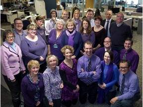 A lot of colleagues have come and gone in Keith Gerein's 20 years at the Edmonton Journal. Here he is posing with some of them in 2014 to celebrate a weekly tradition known as purple shirt Thursday.