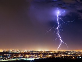 Lightning bolt strike from a thunderstorm over El Paso, Texas