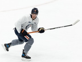 Dylan Holloway practices for the first time with the Edmonton Oilers at Rogers Place in Edmonton on Friday, Jan. 7, 2022.