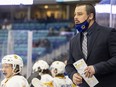 Saskatoon Blades head coach Brennan Sonne looks on during first period WHL action in Saskatoon on Saturday, January 1, 2022.