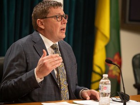 Premier Scott Moe provides a COVID-19 update in the Radio Room of the Legislative Building on Wednesday, January 12, 2022 in Regina.