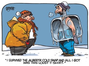Alberta man receives t-shirt after surviving cold snap. (Cartoon by Malcolm Mayes)