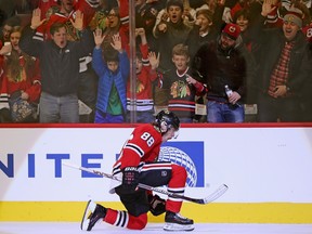 Patrick Kane (88) of the Chicago Blackhawks celebrates a goal against the Edmonton Oilers at the United Center on Nov. 8, 2015, in Chicago.
