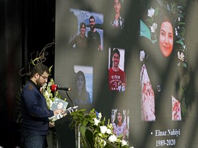 Javad Soleimani Meimandi speaks about his wife Elnaz Nabiyi who died in the downing of Ukraine International Airlines Flight PS752 on Jan. 8, 2020, during a memorial held at city hall on Saturday February 22, 2020.