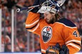 Edmonton Oilers goaltender Mike Smith (41) plays the Vancouver Canucks at Rogers Place in Edmonton on Oct. 13, 2021.