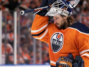 Edmonton Oilers goaltender Mike Smith (41) plays the Vancouver Canucks at Rogers Place in Edmonton on Oct. 13, 2021.