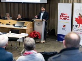 National Police Federation north/prairie region director Jeff McGowan speaks during the NPF’s KeepAlbertaRCMP Community Engagement Tour at Strathcona County Hall on Thursday, Jan. 6, 2022. Photo by Ian Kucerak