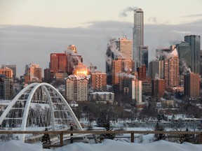 Downtown Edmonton is seen from Saskatchewan Drive at sunrise during an extreme cold warning on Thursday, Jan. 6, 2022.
