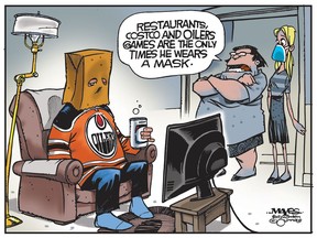 Hockey fan wears masks at restaurants, Costco and Oilers games. (Cartoon by Malcolm Mayes)