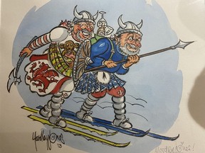 Former Journal cartoonist Yardley Jones (on the left) and columnist Nick Lees skied the first 55-km Canadian Birkebiener Ski event in 1985. Jones, who celebrates his 92 birthday May 4, convinced Lees, then a non cross-country skier, to join him in a race that celebrates Norwegian history.