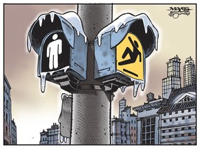 City sidewalks are slippery. (Cartoon by Malcolm Mayes)