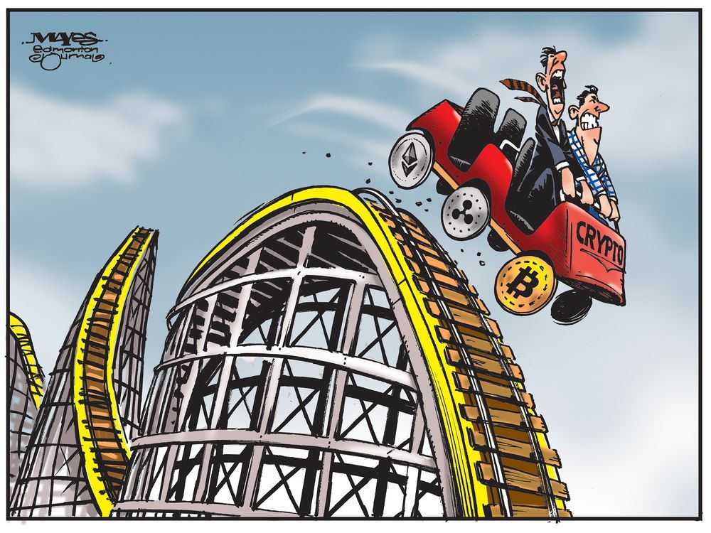  Crypto currencies are a roller coaster for investors. (Cartoon by Malcolm Mayes)