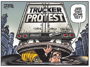 Justin Trudeau and Jagmeet Singh hide from trucker protest. (Cartoon by Malcolm Mayes)