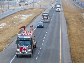 Trucks in the “freedom convoy” head east on the Trans-Canada Highway east of Calgary on Monday, Jan. 24, 2022. The truckers are driving across Canada to Ottawa to protest the federal government’s COVID-19 vaccine mandate for cross-border truckers.