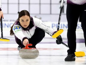 Skip Kelsey Rocque delivers a stone during the Grand Slam of Curling at the Chestermere Rec Centre on Nov. 6, 2021.