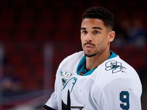 Evander Kane of the San Jose Sharks warms up during the NHL game against the Arizona Coyotes at Gila River Arena on March 27, 2021 in Glendale, Ariz.