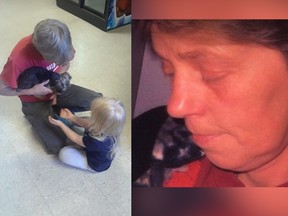 Helen Naslund visits with a grandchild and her puppy, left, prior to her incarceration. The 57-year-old is currently serving an 18-year sentence for killing her abusive husband Miles Naslund in 2011.