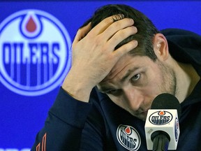 Edmonton Oilers forward Leon Draisaitl fields questions from media following team practice in Edmonton on Tuesday, Jan. 18, 2022.