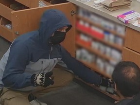 Edmonton police are seeking the identity of a suspect believed to be involved in three pharmacy robberies in the city's southside. Image supplied.