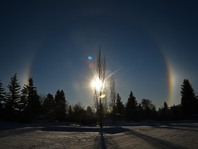 A sundog in the morning sky, is an atmospheric optical phenomenon created by suspended hexagonal ice crystals in the air refracts sunlight to create the rainbow halo effect in Edmonton, January 19, 2022. Ed Kaiser/Postmedia