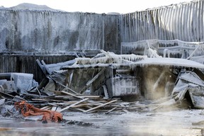 The scene following a fire at a commercial structure on 46 Avenue SW west of 127 Street SW, in Edmonton on Saturday, Jan. 8, 2022.