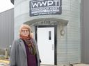 Heather Inglis, artistic producer of Workshop West in front of the company's new Space on Gateway Boulevard. 
