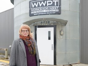 Heather Inglis, artistic producer of Workshop West in front of the company's new Space on Gateway Boulevard.