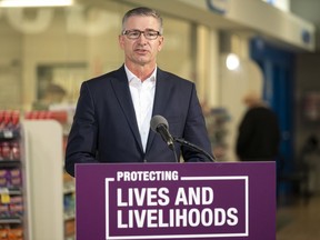 President of Treasury Board and Minister of Finance Travis Toews speaks at a press conference at Crowfoot CO-OP in Calgary on Tuesday, March 2, 2021.