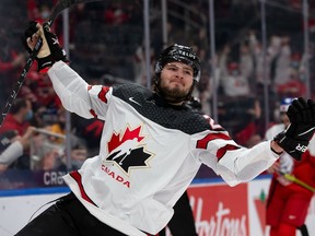 Mason McTavish #23 of Canada celebrates a goal against Czechia in the first period during the 2022 IIHF World Junior Championship at Rogers Place on December 26, 2021 in Edmonton, Canada