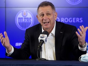 Edmonton Oilers General Manager and President of Hockey Operations Ken Holland speaks to reporters after firing head coach Dave Tippett and replacing him with Jay Woodcroft, in Edmonton on Thursday Feb. 10, 2022.