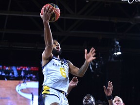 Edmonton Stingers Adika Peter-McNeilly goes up for the lay up against the Saskatchewan Rattlers during CEBL basketball action at the Expo Centre in Edmonton, July 8, 2021.