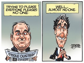 Wishy-washy Erin O’Toole pleases no one except Justin Trudeau. (Cartoon by Malcolm Mayes)