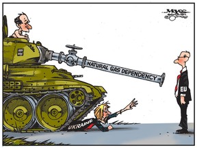 Vladimir Putin uses the EU's natural gas dependency to invade Ukraine. (Cartoon by Malcolm Mayes)