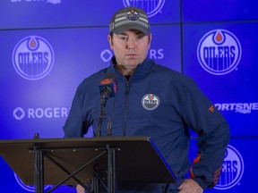 New Oilers head coach Jay Woodcroft after his first practice with the team on Friday, Feb. 11, 2022 in Edmonton.