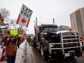 People gather near the  Alberta Legislature on Saturday, Feb. 5, 2022 in Edmonton to support the trucker convoy that is protesting vaccine mandates as well as measures taken by the provincial and federal governments to curb the spread of COVID-19.