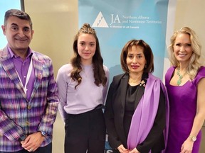 Edmonton businessman Ashif Mawji, left, well known for his dedication in giving back to the community, at International Women's Day luncheon with (l to r) Grade 12 student and speaker Maddie Spelliscy, Alberta Lt.-Gov. Salma Lakhani, and Jennifer Martin, President & CEO, Junior Achievement Northern Alberta & NWT.
