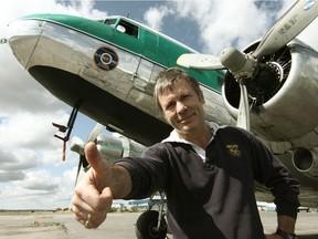 Bruce Dickinson in front of a Buffalo Airways DC-3 from Ice Pilots NWT in Hay River, NWT