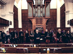 The Alberta Baroque Ensemble with conductor Paul Schieman in the Robertson-Wesley United Church, the venue for Sunday's concert, which included the premiere of Allan Gilliland's Contrafactus, a concerto for flute, violin, strings and harpsichord.