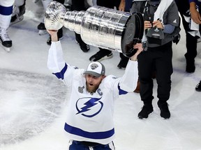 Steven Stamkos of the Tampa Bay Lightning skates with the Stanley Cup following the series-winning victory over the Dallas Stars in Game 6 of the 2020 NHL Stanley Cup Final at Rogers Place on September 28, 2020.