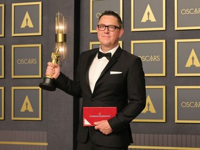 Greig Fraser, winner of the Oscar for Cinematography for Dune, poses in the press room during the 94th Annual Academy Awards at Hollywood and Highland on Sunday, March 27, 2022, in Hollywood.