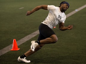 Daniel Kwamou takes part in the Western Regional Canadian Football League (CFL) combine in Edmonton on Friday, March 18, 2022.