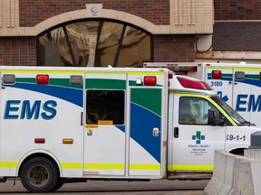 Alberta Health Services EMS ambulances are seen near the University of Alberta Hospital in Edmonton, on March 22, 2022.