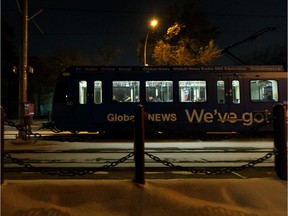 A Metro Line LRT train heads south towards MacEwan Station at night in Edmonton, on Friday, Dec. 13, 2019.
