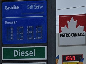 Most gas stations have raised their pump prices to the mid $1.50's per litre pushed higher by the conflict in the Ukraine in Edmonton, March 3, 2022.