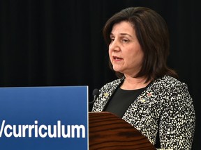 Education Minister Adriana LaGrange providing an update on how Alberta's government is moving forward with K-6 curriculum implementation during a news conference in Edmonton, March 10, 2022.