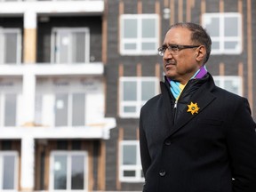 Edmonton Mayor Amarjeet Sohi at the federal government and the City of Edmonton announcement of the Heritage Flats project that includes 102 affordable housing units for members of Enoch Cree Nation, in southwest Edmonton on March 15, 2022.