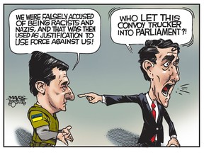 Ukrainian President Volodymyr Zelenskyy is seen in Parliament and mistaken for convoy trucker. (Cartoon by Malcolm Mayes)